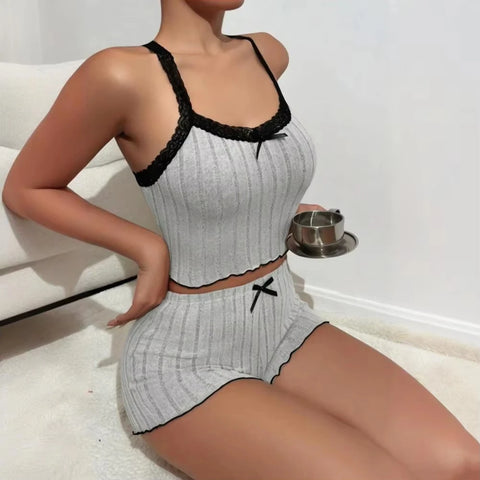 Pajama Suit Suspender Shorts with Sexy Bow Print