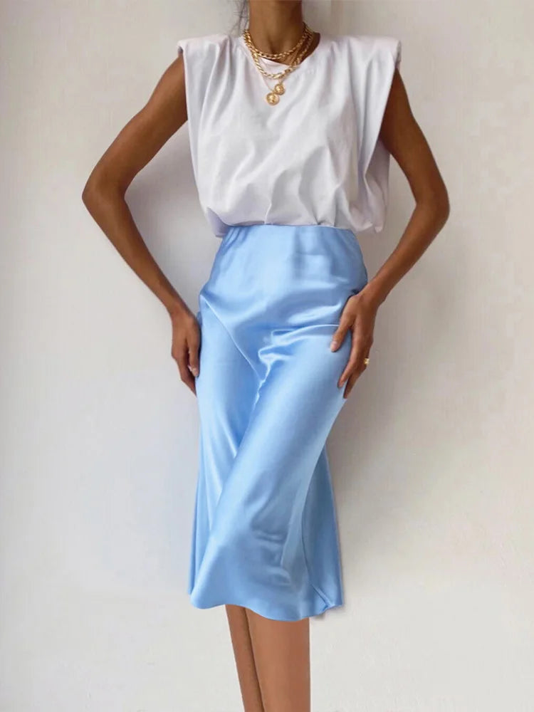 Solid Purple Satin Silk Skirt for Women - High Waisted Elegant Midi Skirt for Office and Spring 2024