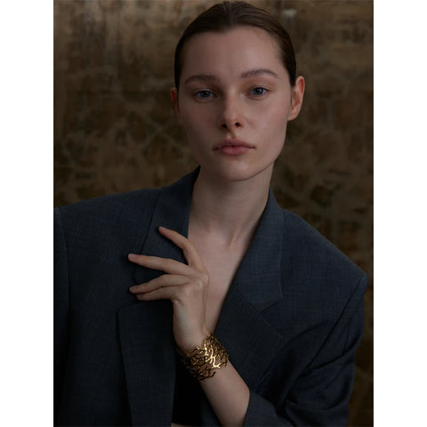 Yhpup Statement Stainless Steel Twig Geometric Hollow Wide Cuff Big Bracelet Bangle for Women - Waterproof Large Jewelry