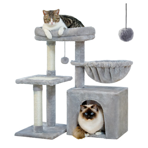 Kattentoren voor binnenkatten - 2 stijlen met krabpalen, hangmat en afneembare bovenste zitstok - Grijs