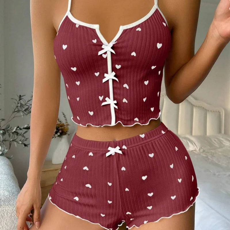 Sexy Heart Print Silk Pajamas for Women