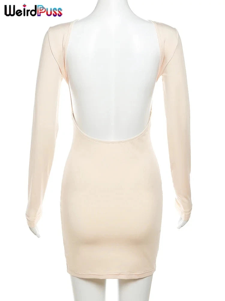 Weird Puss Sheath Backless Women Dress - Full Sleeve Sexy Solid Autumn Fashion