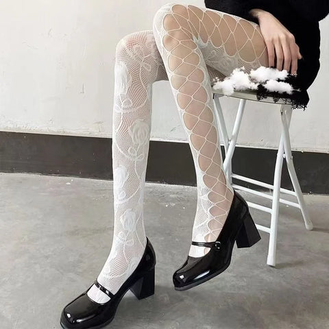 Women's Hollow Jacquard Fishnet Tights - Floral Lace Thigh High Pantyhose