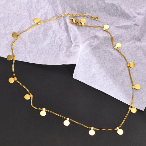 Delicate Small Multiple Coins Disc Necklace for Women - Gold Stainless Steel Waterproof