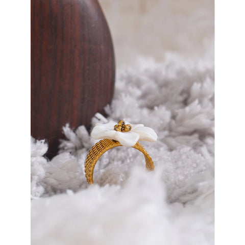 Yhpup Thicker Natural Shell Flower Open Gold Color Ring - Fashion Stainless Steel Waterproof Jewelry