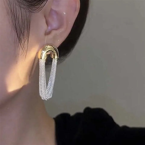 Elegant Silver Multi-Layer Geometric Tassel Chain Earrings for Women