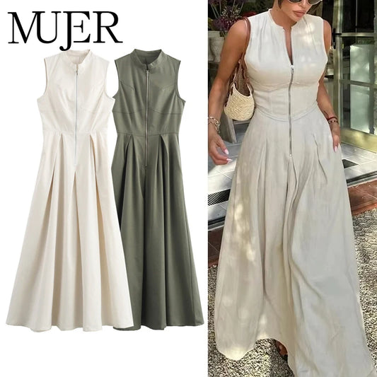 MUJER Zipper Long Dress - Elegant Summer Midi Dress