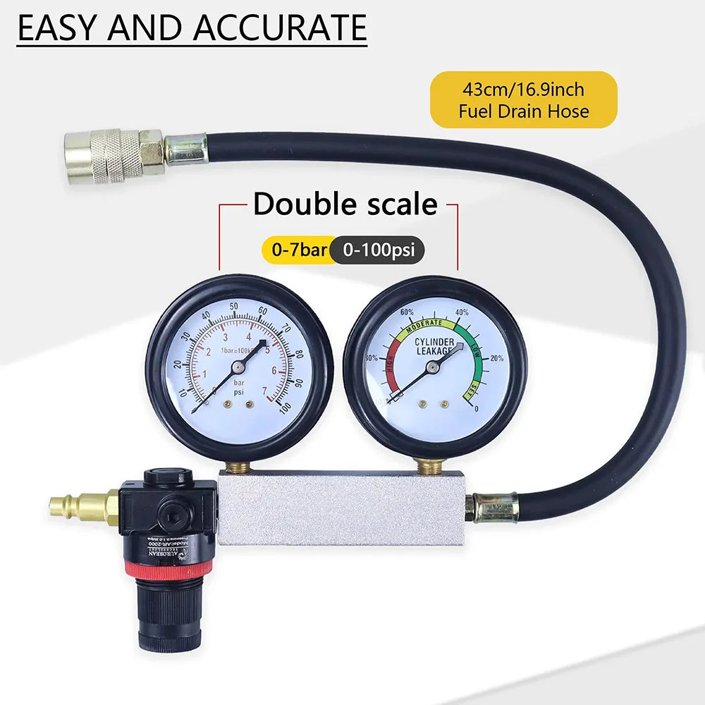 Car Cylinder Leak Down Tester TU-21 - Gasoline Engine Compression Tester Kit with Dual Gauge and Red Case