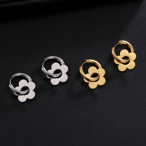 Skyrim Kpop Women Flower Drop Earrings - Gold Color Stainless Steel Hoop Earrings