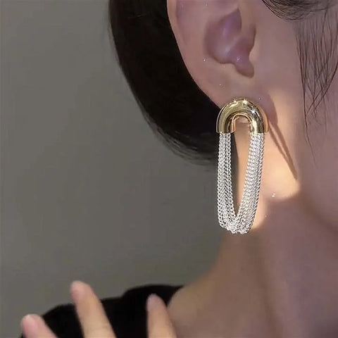 Elegant Silver Multi-Layer Geometric Tassel Chain Earrings for Women