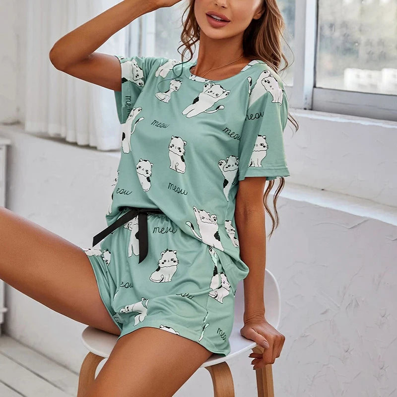 Women Pajamas Sets Short Sleeve Nightwear