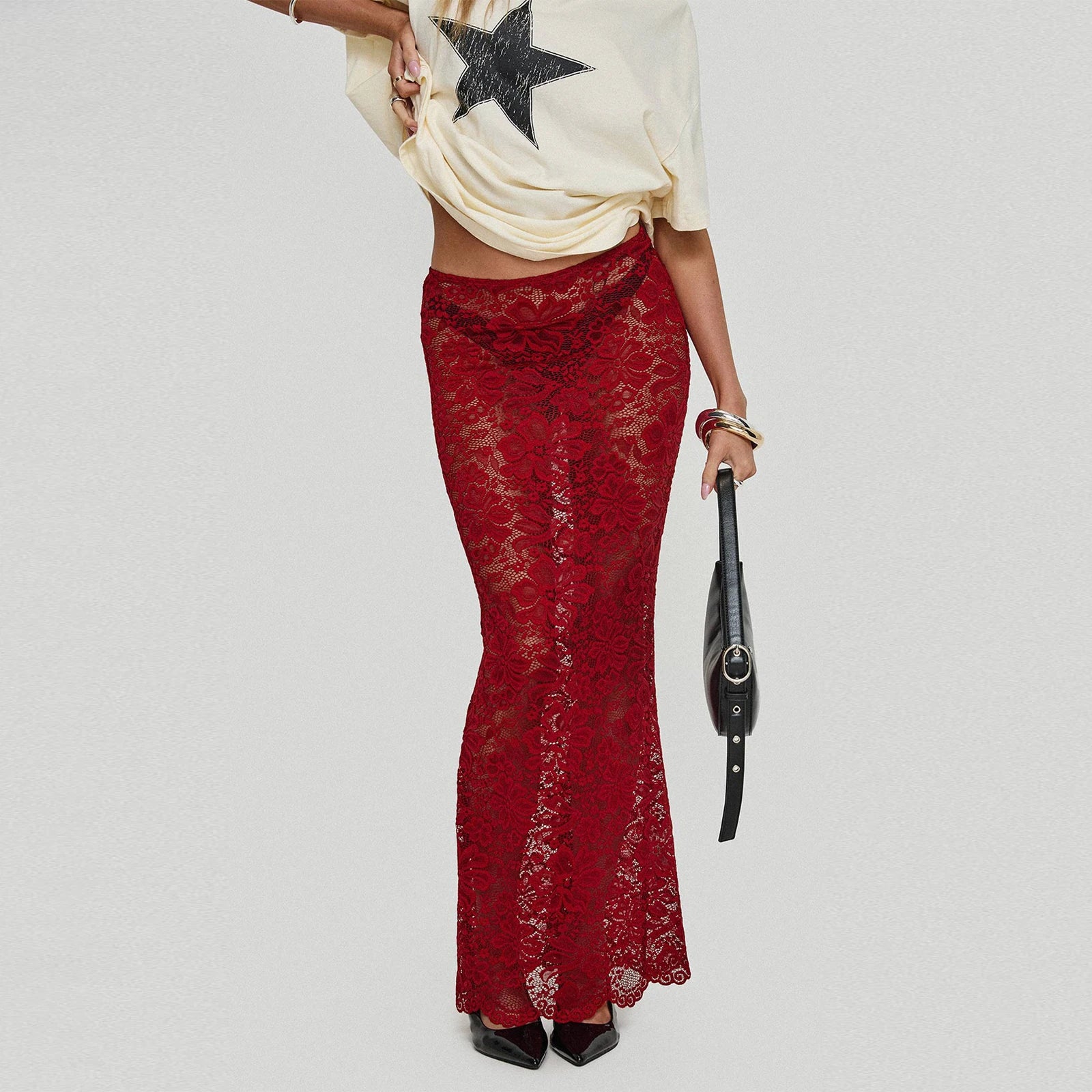 Hirigin Women Lace Long Skirts - Y2K Sheer Maxi Fishtail Beach Cover-Up