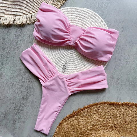 Para Praia Sexy Solid Bandeau Bikini Set Thong Dames Badmode 2025 Braziliaans Badpak