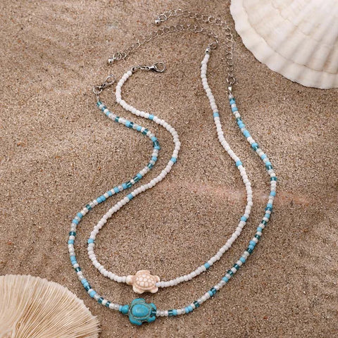 Bohemian Double Seed Bead Chain Clavicle Necklace with Vintage Acrylic Turtle and Starfish Pendant for Women