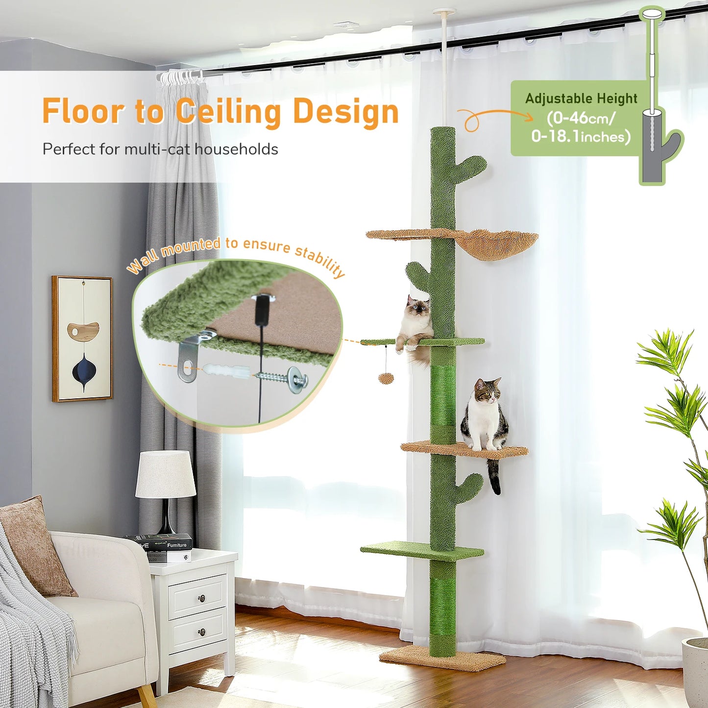 5-Tier Floor to Ceiling Cat Tree Cactus Tower with Scratching Post, Hammock & Dangling Ball