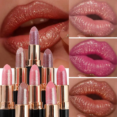 6 Colors Glitter Lipstick - Waterproof, Long-Lasting Diamond Pearlescent Metallic Lip Gloss for Women