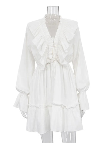 Tossy Ruffled V-hals witte mini-jurk - Elegante lange mouwen veterjurk voor vrouwen