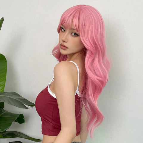 Light Pink Long Wavy Cosplay Synthetic Hair Wig with Bangs - Perfect for Halloween and Daily Wear