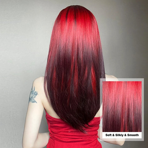 Black Red Ombre Synthetic Wigs for Cosplay - Long Straight Layered Wigs with Bangs for Women