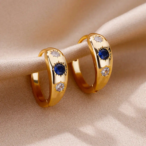 Zircon Round Star Earring for Women - Geometric Stainless Steel Heart Hoop Aesthetic Jewelry Gift