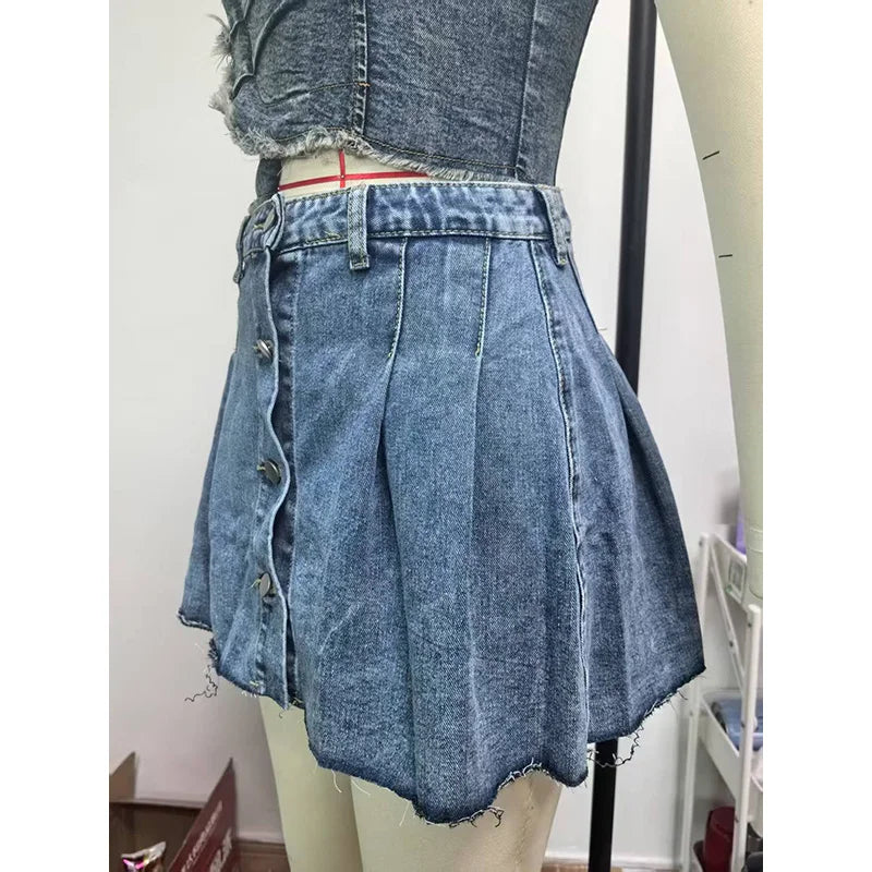 Benuynffy Button Front Pleated Short Skirts for Women – Summer High Waist A-Line Raw Hem Denim Mini Skirts