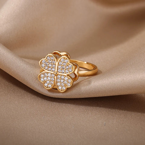Zircon Rotatable Four Leaf Clover Anxiety Rings for Women - Stainless Steel Fidget Spinner Ring - Aesthetic Jewelry Gift