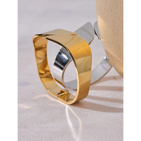 Yhpup Glossy Stainless Steel Wide Geometric Bracelet Bangle - 18K Gold PVD Plated Waterproof Jewelry