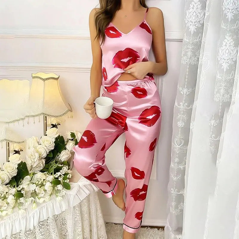 Women's Satin Pajama Set with Lip Print