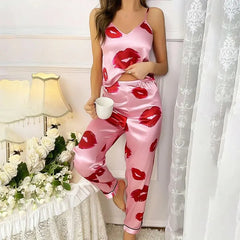 Women's Satin Pajama Set with Lip Print