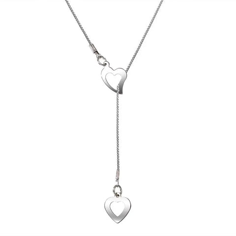 Fashion Double Love Heart Necklaces for Women - Simple Silver Color Long Tassel Jewelry Gift