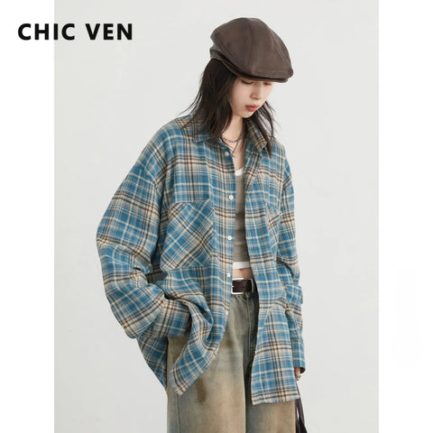 CHIC VEN Women's Cotton Shirt - Retro Color Blocked Blouse