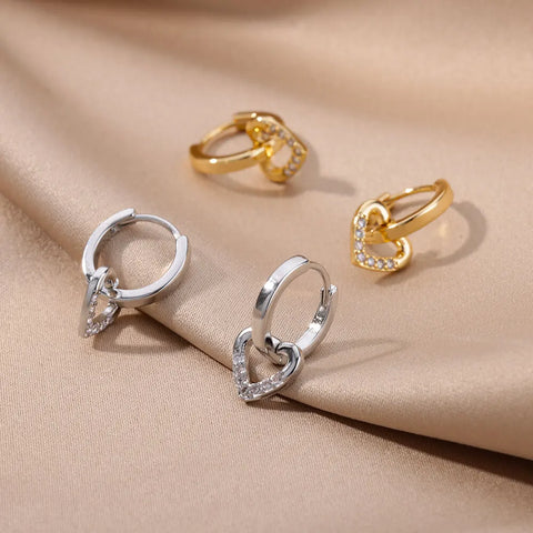 Hollow Zircon Heart Earrings for Women - Luxury Stainless Steel Geometric Jewelry Gift