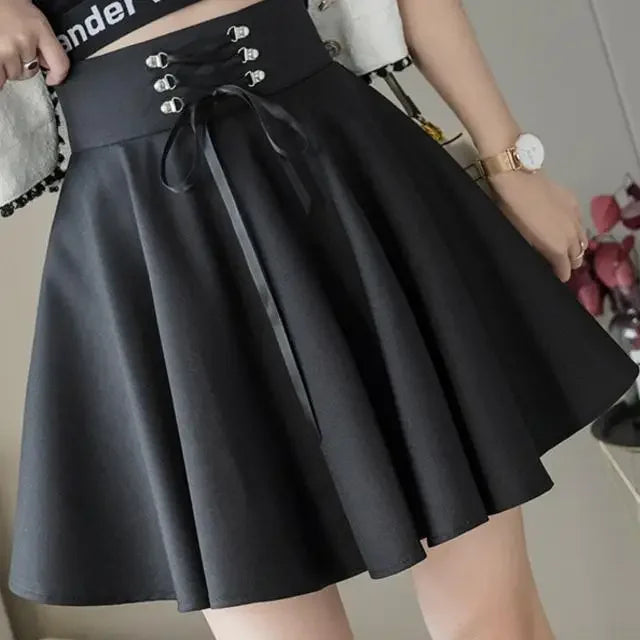 Women's Basic Versatile Flared Casual Mini Skater Skirt - High Waisted Goth Punk Black Skirt