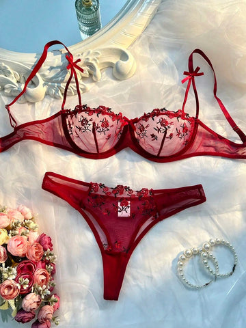 Elegant New Wine See-Through Lingerie Two-Piece Set with Thong and Push-Up Bra