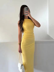 MUJER Yellow Draped Long Dresses for Women