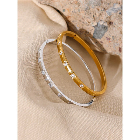 Yhpup Stylish Cubic Zirconia Stainless Steel Wrist Bangle Bracelet - 18K Gold Plated Waterproof Jewelry for Women