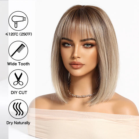 Light Brown Blonde Synthetic Wigs with Bangs - Short Bob for Daily Use, Cosplay, and Halloween | Heat Resistant