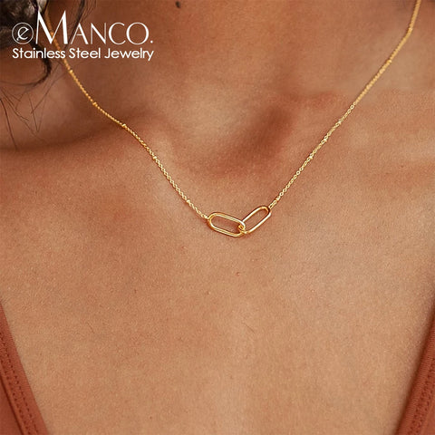 eManco Hot Fashion Stainless Steel Link Infinity Necklace - Women's Geometric Double Paperclip Pendant Jewelry