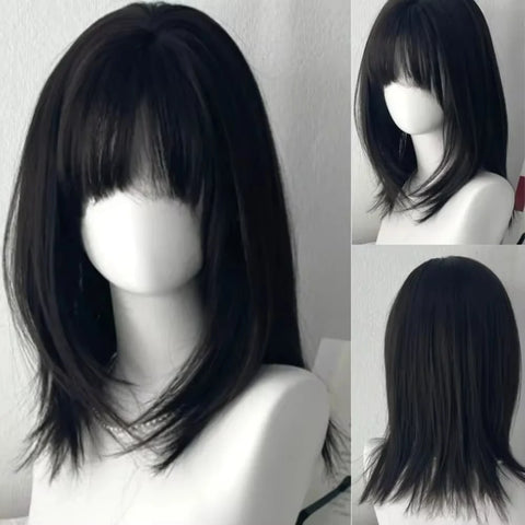 Y2K Black Medium Long Straight Hair Wig