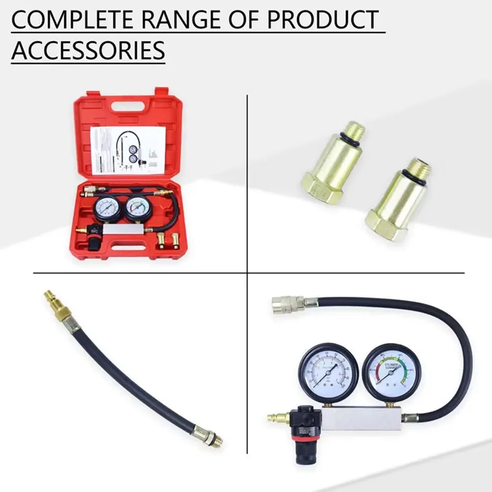 Car Cylinder Leak Down Tester TU-21 - Gasoline Engine Compression Tester Kit with Dual Gauge and Red Case