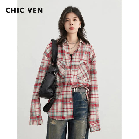 CHIC VEN Women's Cotton Shirt - Retro Color Blocked Blouse