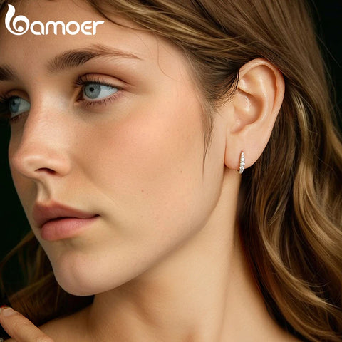 BAMOER Moissanite Huggie Hoop Earrings – White Gold Plated 925 Sterling Silver