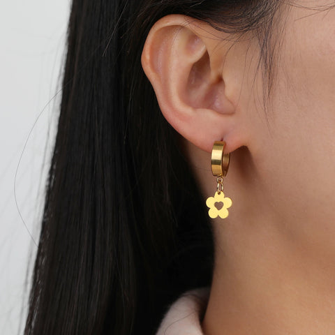 Skyrim Kpop Women Flower Drop Earrings - Gold Color Stainless Steel Hoop Earrings