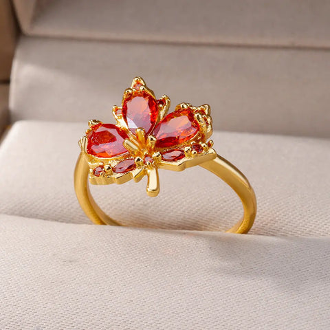 Zircon Maple Leaf Ring for Women - Gold Color Stainless Steel Fashion Jewelry