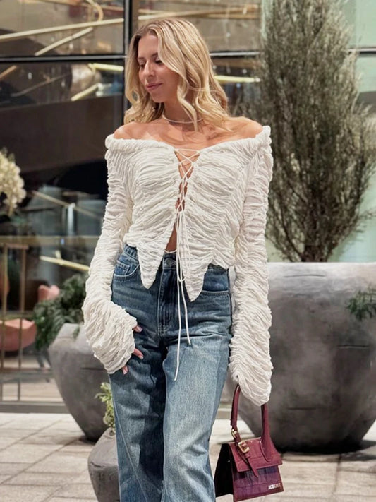 TARUXY Lace Up Hollow Long Sleeve Cardigan - Stijlvolle geplooide T-shirtjas voor dames