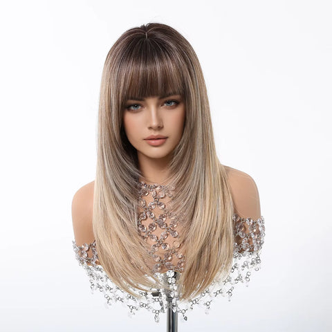 EASIHAIR Women Synthetic Wigs - Long Brown Ombre Blonde Layered Wigs with Curtain Bangs for Daily Use