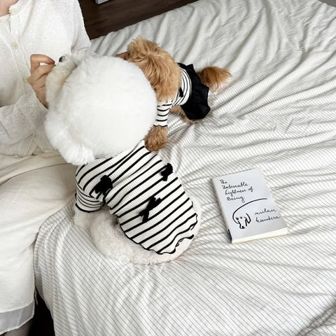 Summer Pet Bow Puppy Shirt Collar Strap Fashion Flying Sleeve Striped Dog Dress Black White Dress Teddy for Small Dog Clothes