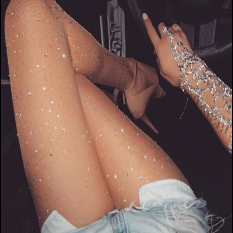 Rhinestone Fishnet Open Crotch Stockings for Women