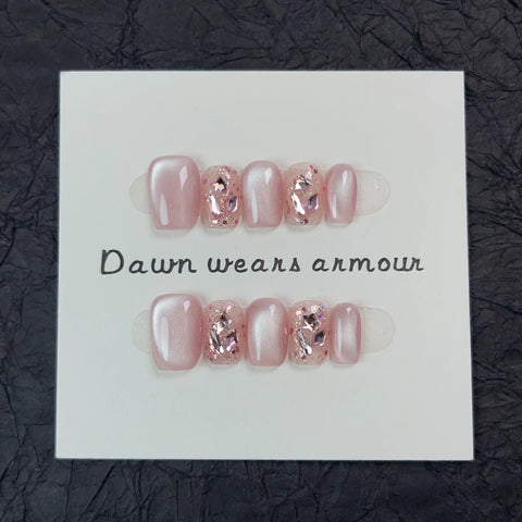 Handmade Press on Nails with Rhinestone Cat-Eye Design