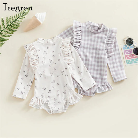 Tregren Kids Baby Girls Long Sleeve Floral Plaid Swimsuit